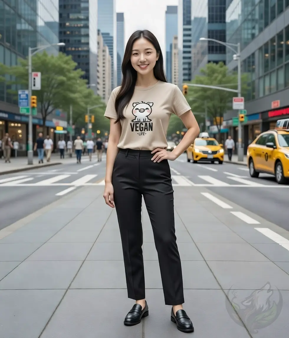 Thumbnail: Sand fitted tee with Cute Pig Vegan Life design worn in a busy city street with tall buildings and taxis.