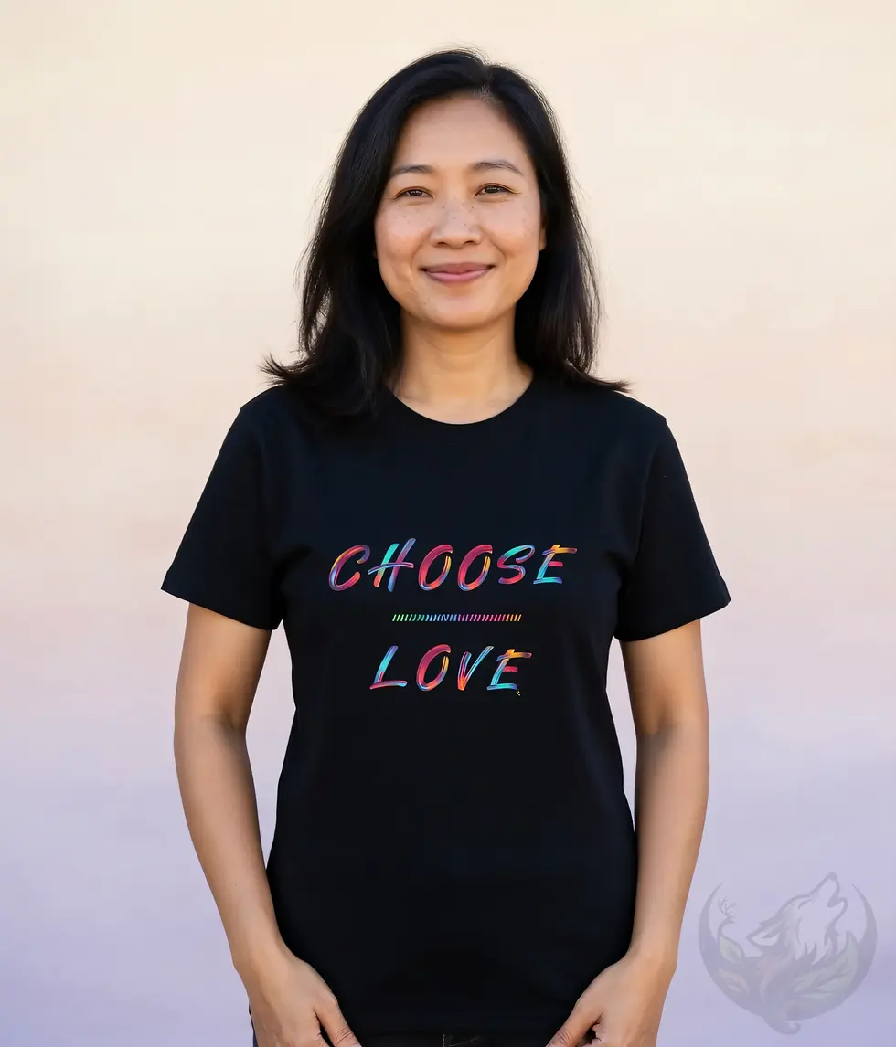 Thumbnail: Woman in black fitted t-shirt with colorful rainbow "CHOOSE LOVE" text and decorative line.