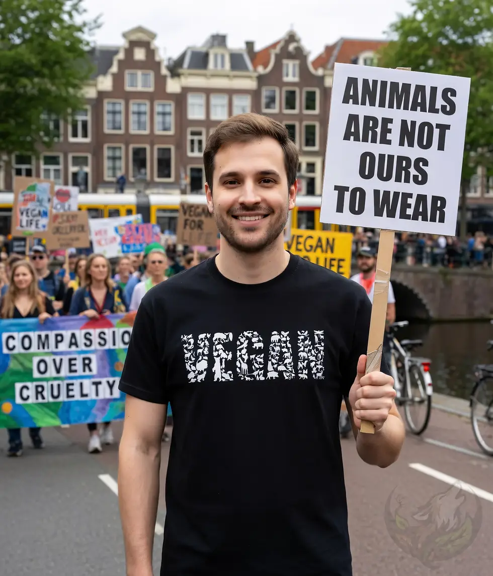 Thumbnail: Black unisex t-shirt on man holding protest sign, "VEGAN" animal silhouette graphic "for them".