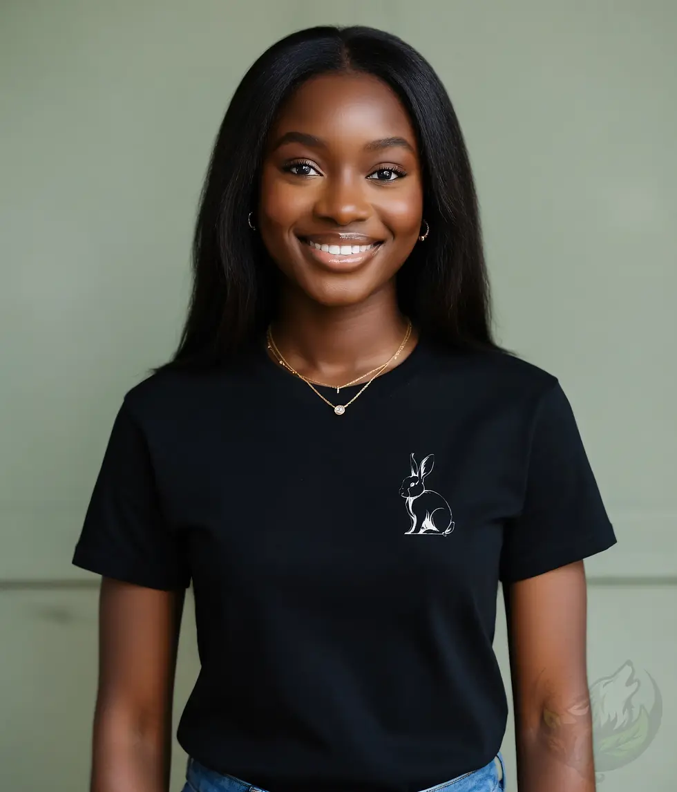 Thumbnail: Smiling woman with long black hair wearing a black fitted t-shirt with a delicate minimalist rabbit line art on the left ches