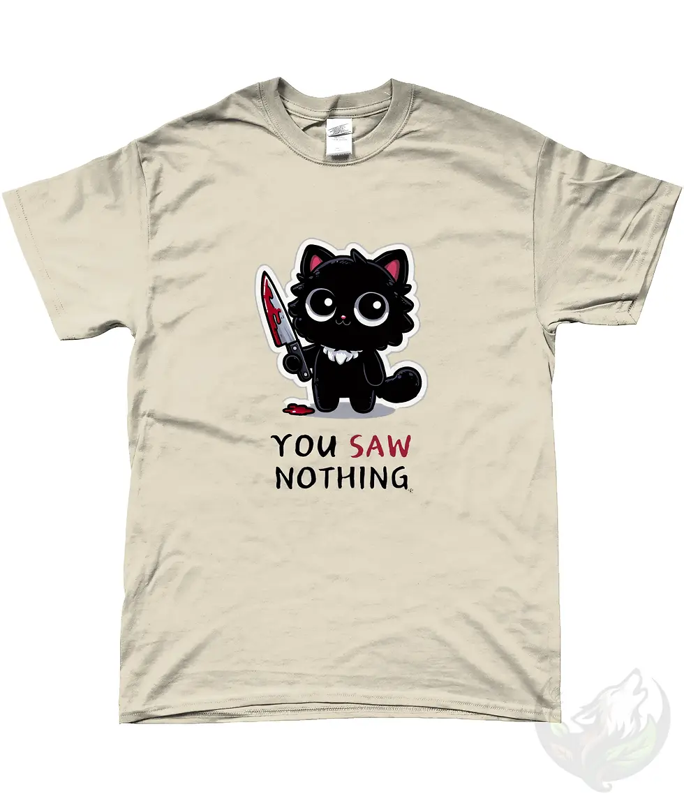 Thumbnail: Men’s natural unisex “You Saw Nothing” black cat graphic t-shirt flat lay with funny design
