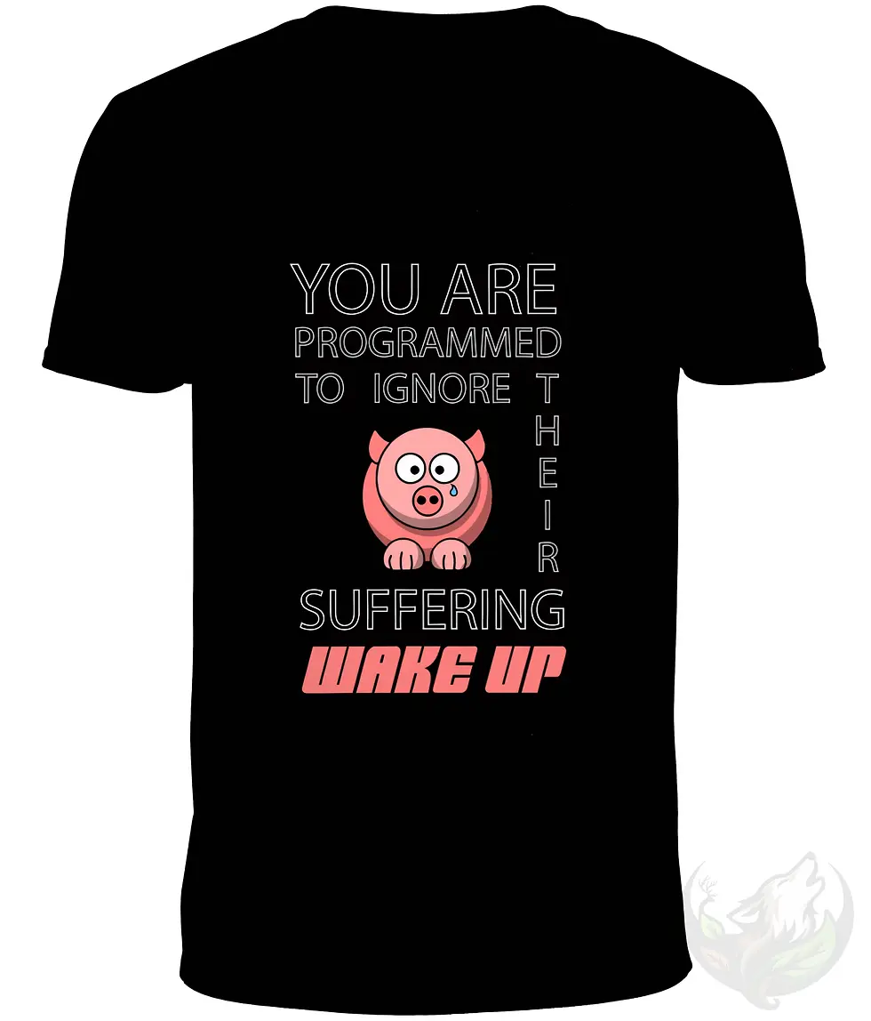 Thumbnail: Black V-neck unisex t-shirt close-up on smiling man, "You Are Programmed To Ignore Their Suffering WAKE UP" crying pig design
