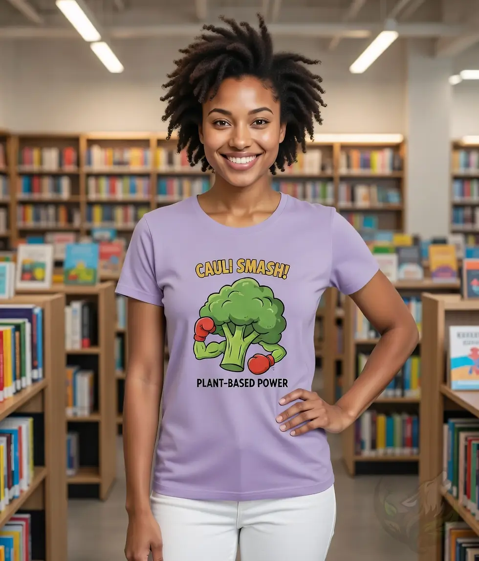 Thumbnail: Lavender scoop neck tee with Cauli Smash vegan cartoon design worn in a library surrounded by bookshelves.