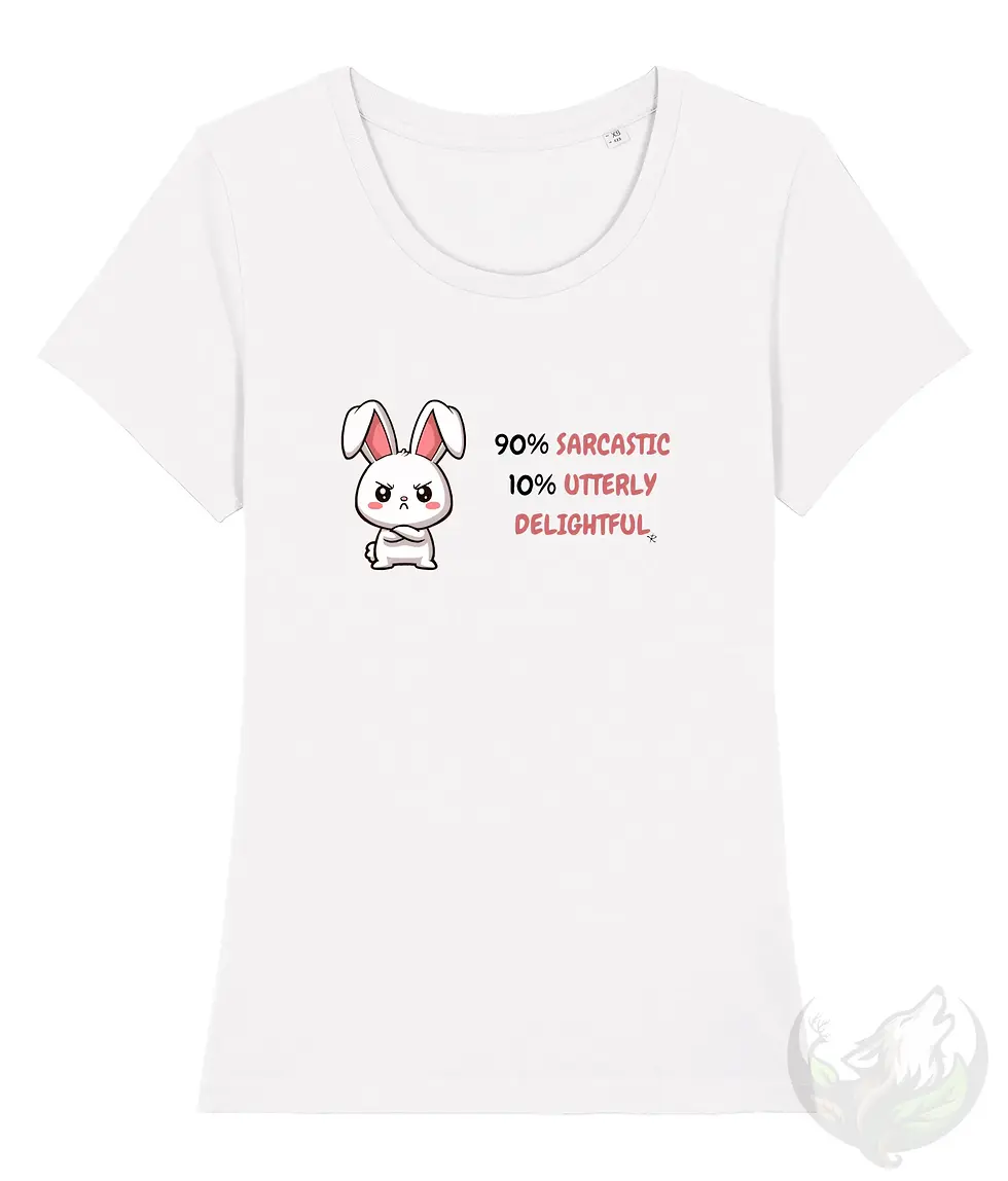 Thumbnail: White scoop neck t-shirt with grumpy cartoon bunny and text "90% sarcastic 10% utterly delightful".