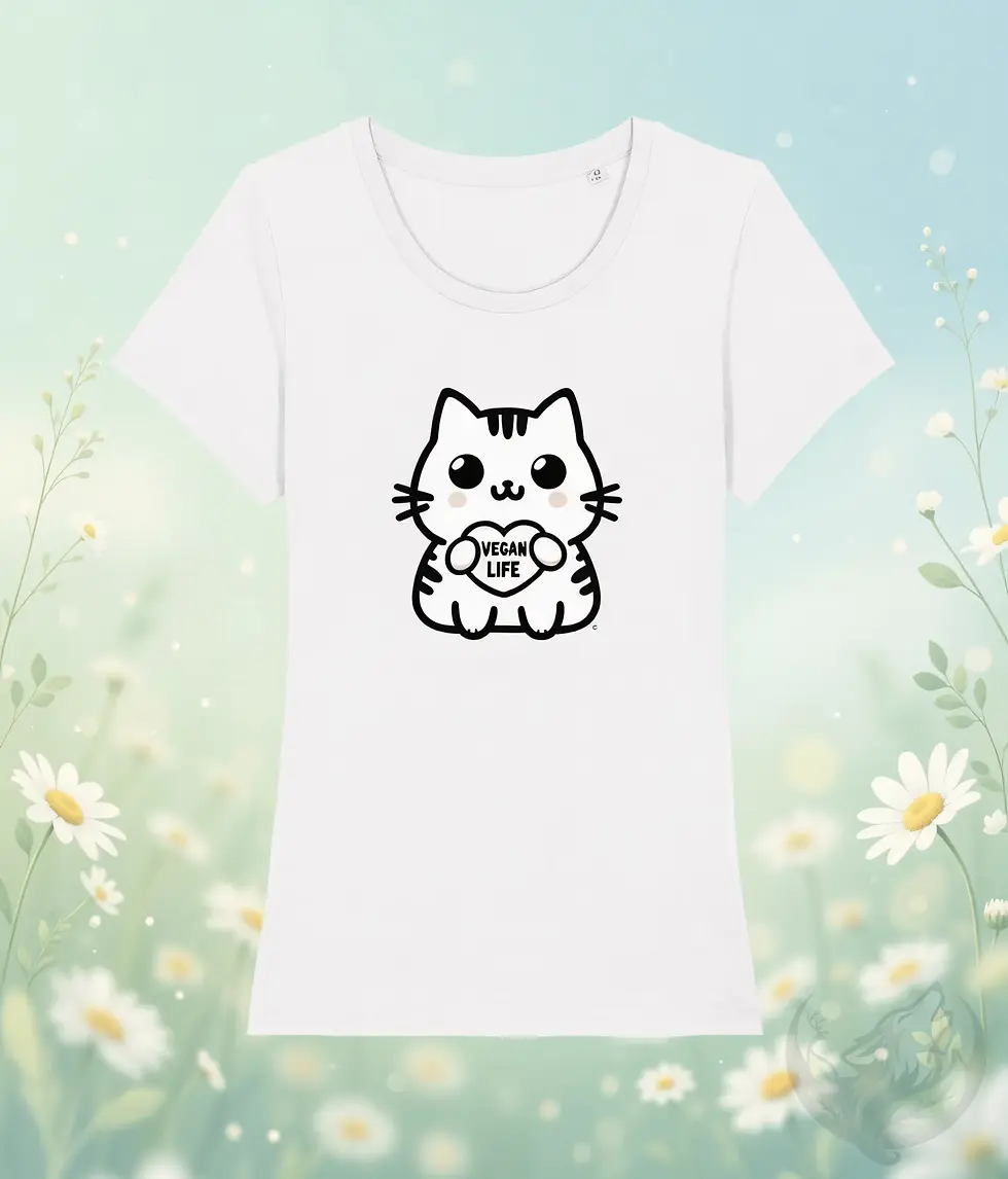 Thumbnail: Sweet cartoon cat holding a ‘Vegan Life’ heart on a nature‑vibe women’s tee