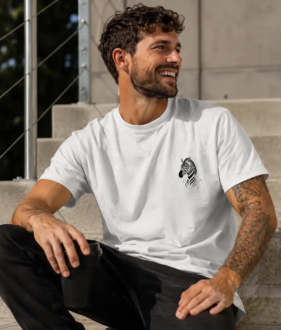 Smiling man wearing white unisex zebra line art shirt in a relaxed outdoor urban lifestyle scene