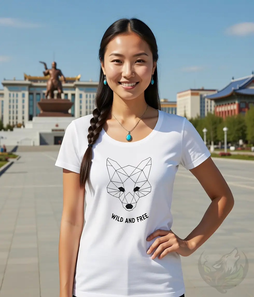 Thumbnail: Woman wearing a comfortable white scoop neck tee with geometric fox Wild and Free design in a casual lifestyle scene.