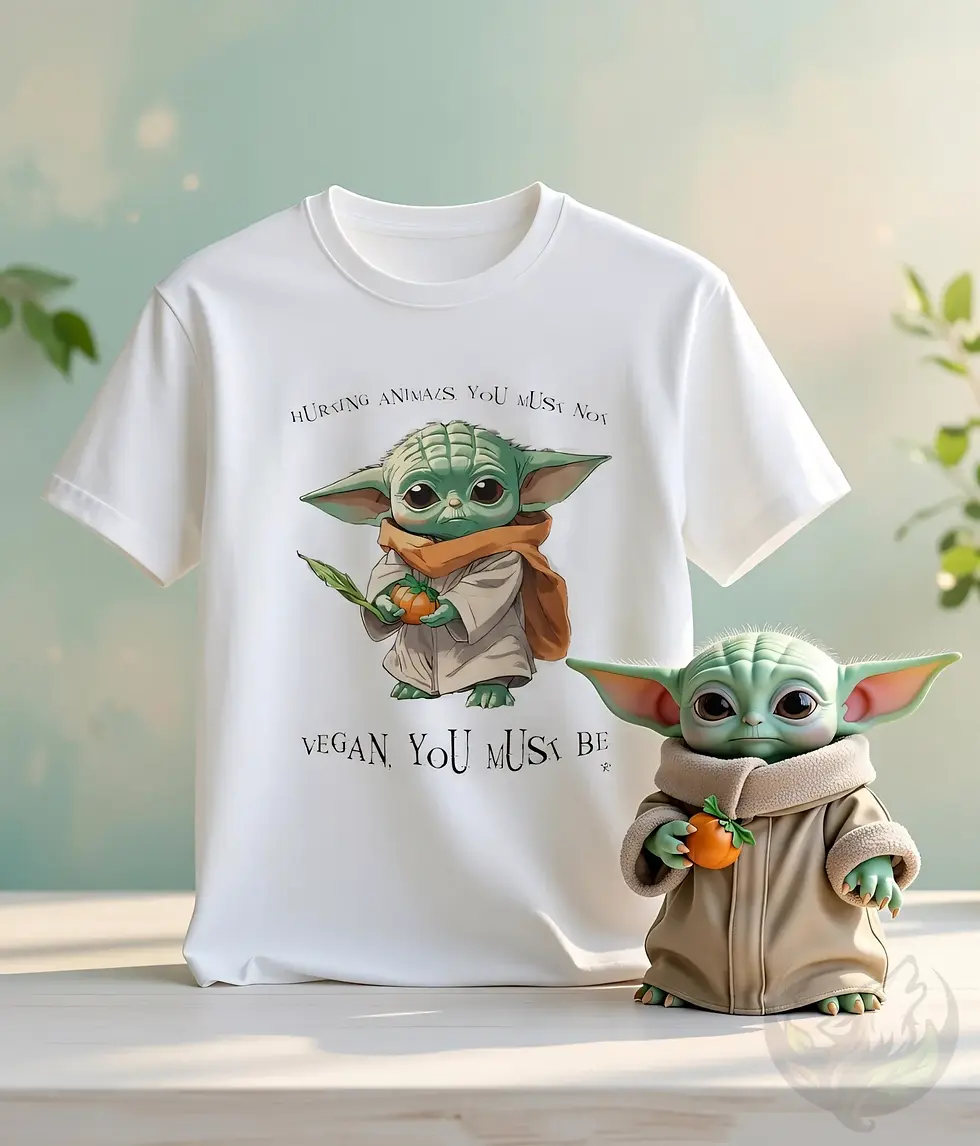 Thumbnail: White shirt featuring cartoon Yoda holding vegetables with the text “Hurting Animals You Must Not, Vegan You Must Be.”
