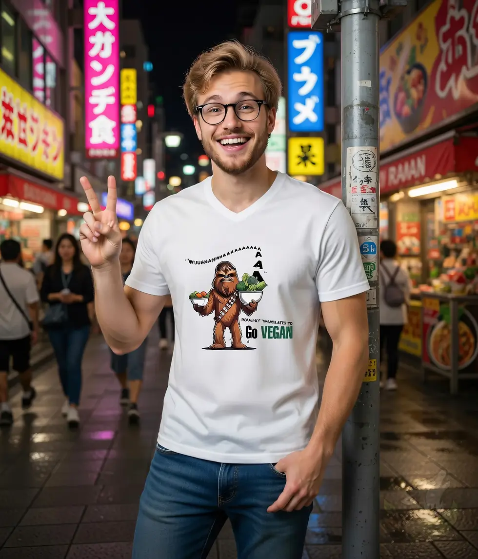Thumbnail: White V-neck unisex t-shirt worn by smiling man with glasses making peace sign at night market, Chewbacca "Go Vegan".