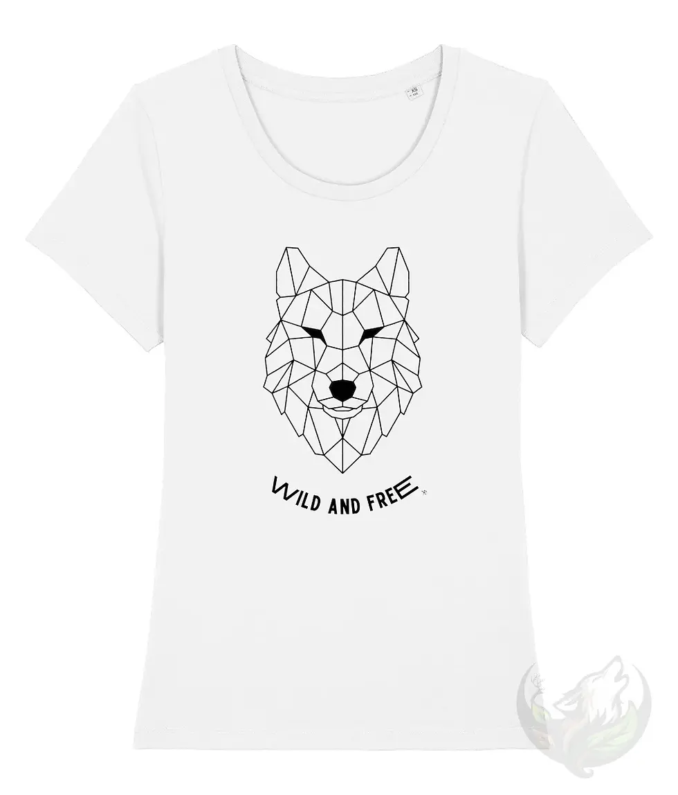 Thumbnail: White scoop neck tee with geometric wolf Wild and Free design shown on a clean, professional mockup background.