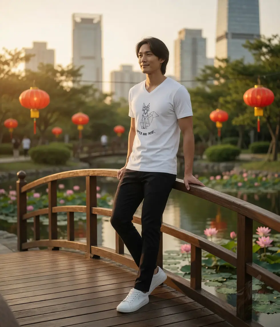 Thumbnail: White V-neck t-shirt on man by bridge with city view, geometric fox "Wild and Free" wildlife graphic.