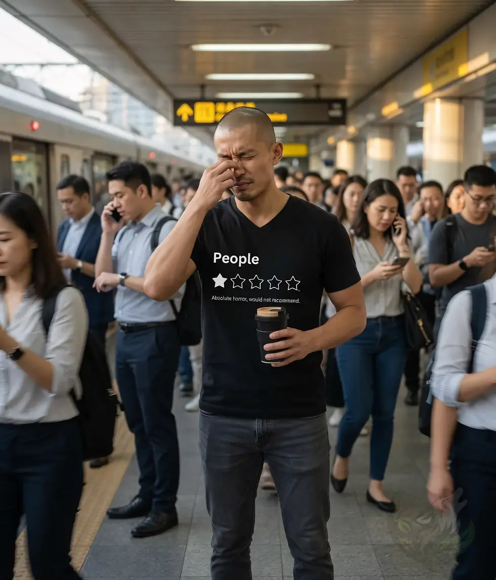 Thumbnail: Man wearing black V-neck people rating shirt, overwhelmed in a busy crowd matching the sarcastic humor design
