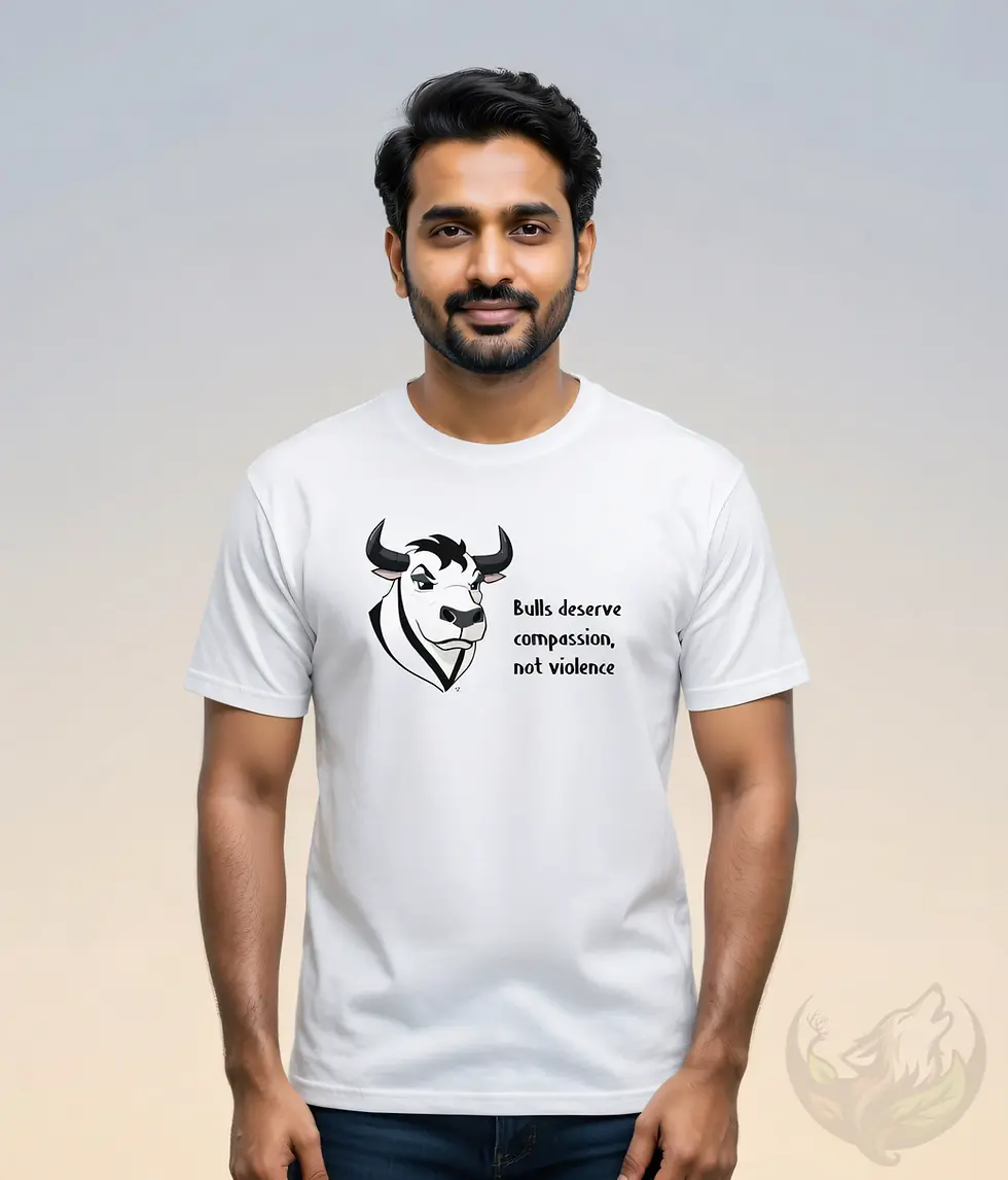 Thumbnail: White unisex t-shirt worn by smiling man with dark hair, "Bulls deserve compassion, not violence" vegan bull graphic design.