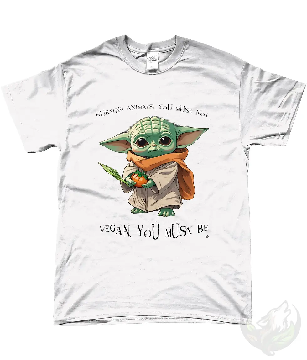Thumbnail: White unisex t-shirt flat lay with cute Grogu holding carrot, "Hurting Animals You Must Not, Vegan You Must Be" text.