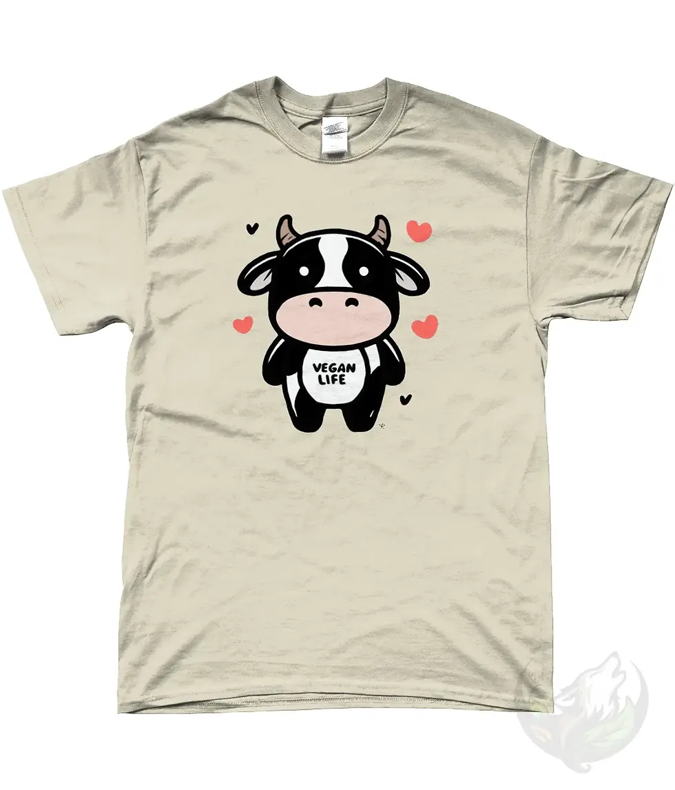 Thumbnail: Natural unisex t-shirt flat lay with cute cartoon cow holding "VEGAN LIFE" heart surrounded by hearts.