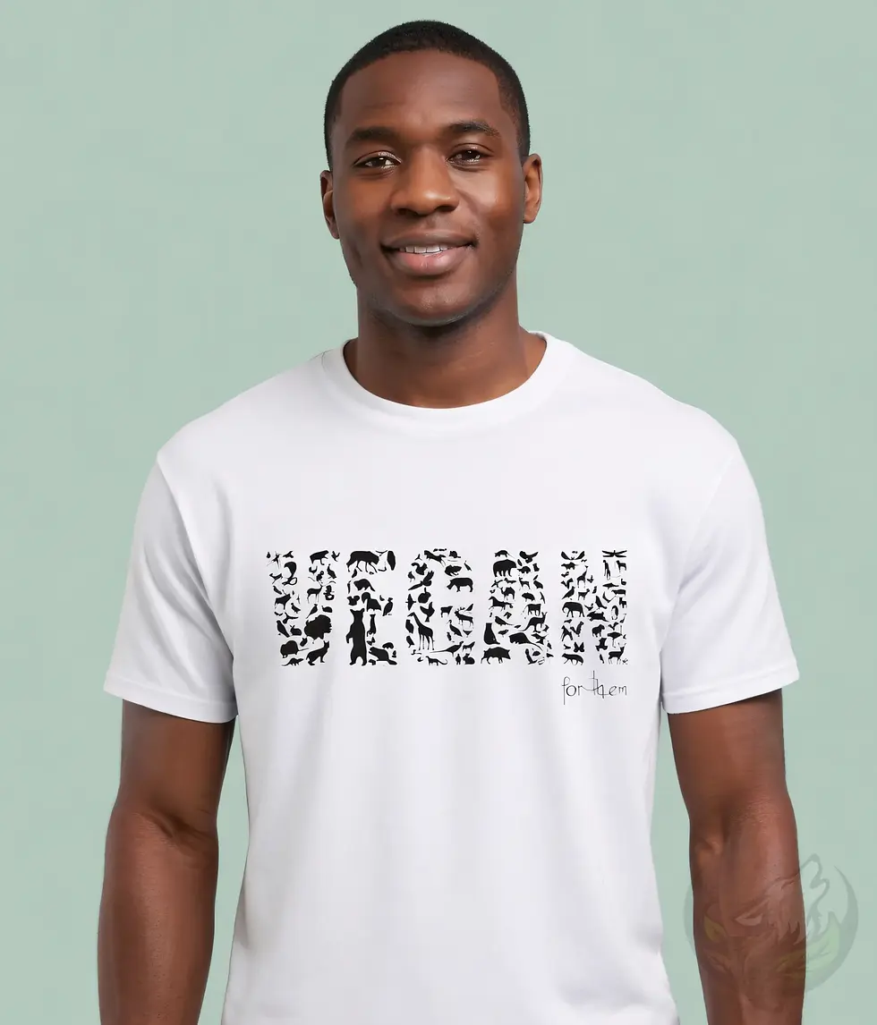 Thumbnail: White unisex t-shirt on smiling man with short hair, "VEGAN" animal silhouette graphic "for them".