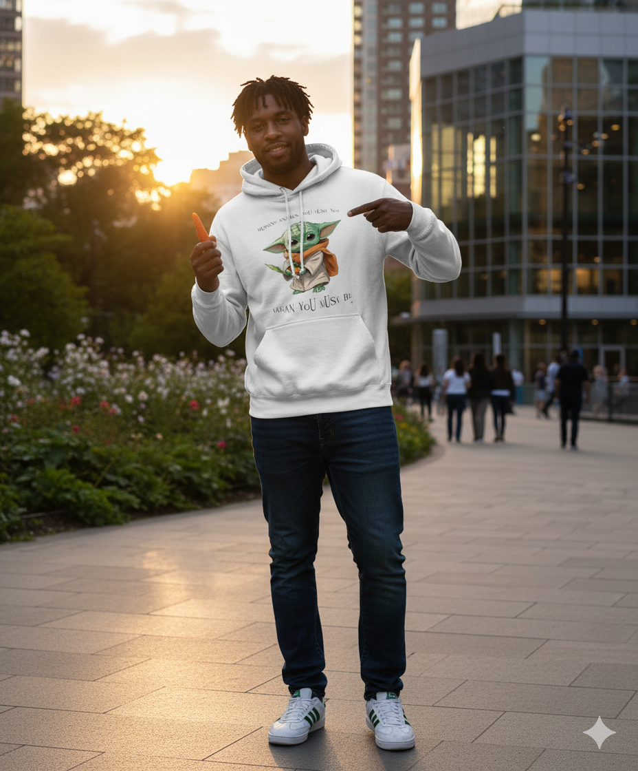 Thumbnail: Man wearing a white cozy hoodie with Star Wars Yoda print.