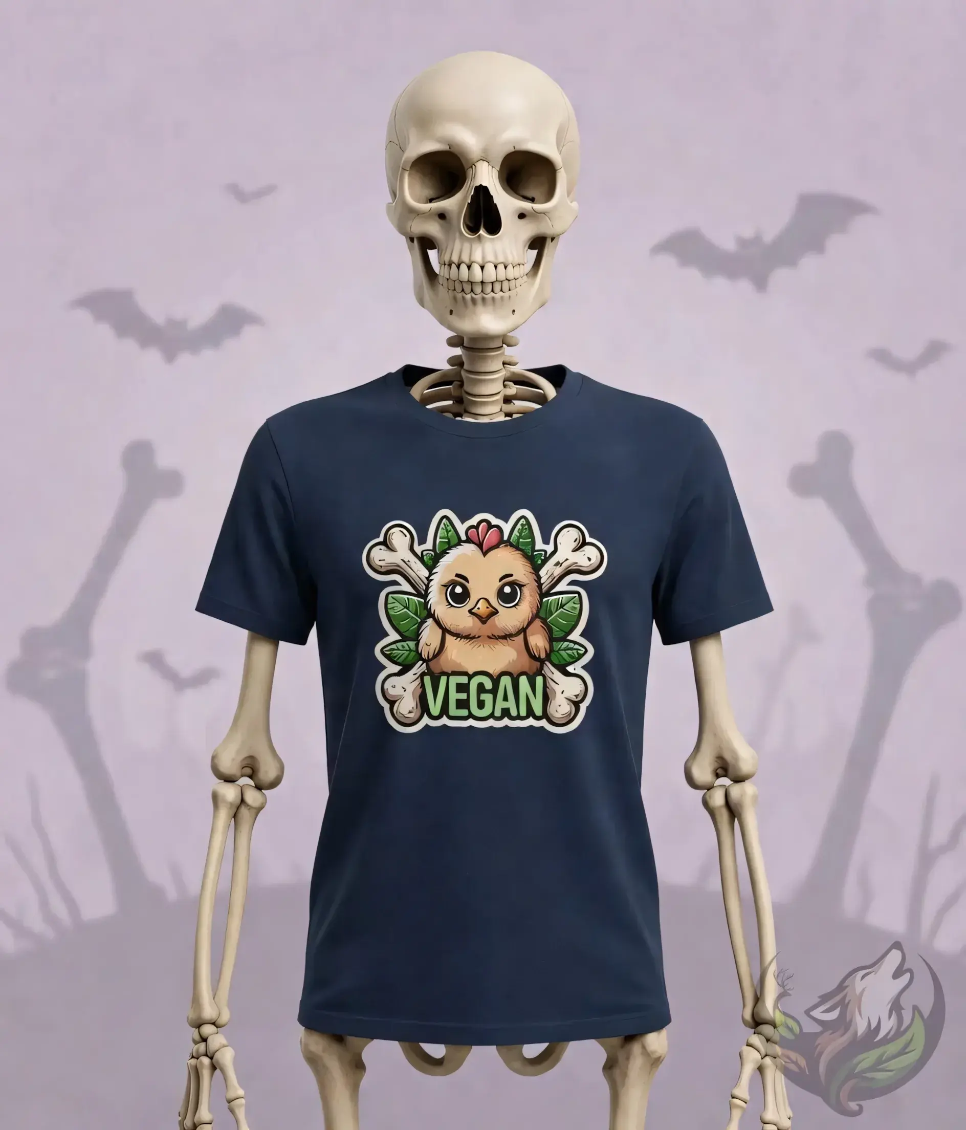 Navy fitted tee with a stylized chicken illustration and bold green “Vegan” lettering in a Dark Side art style.