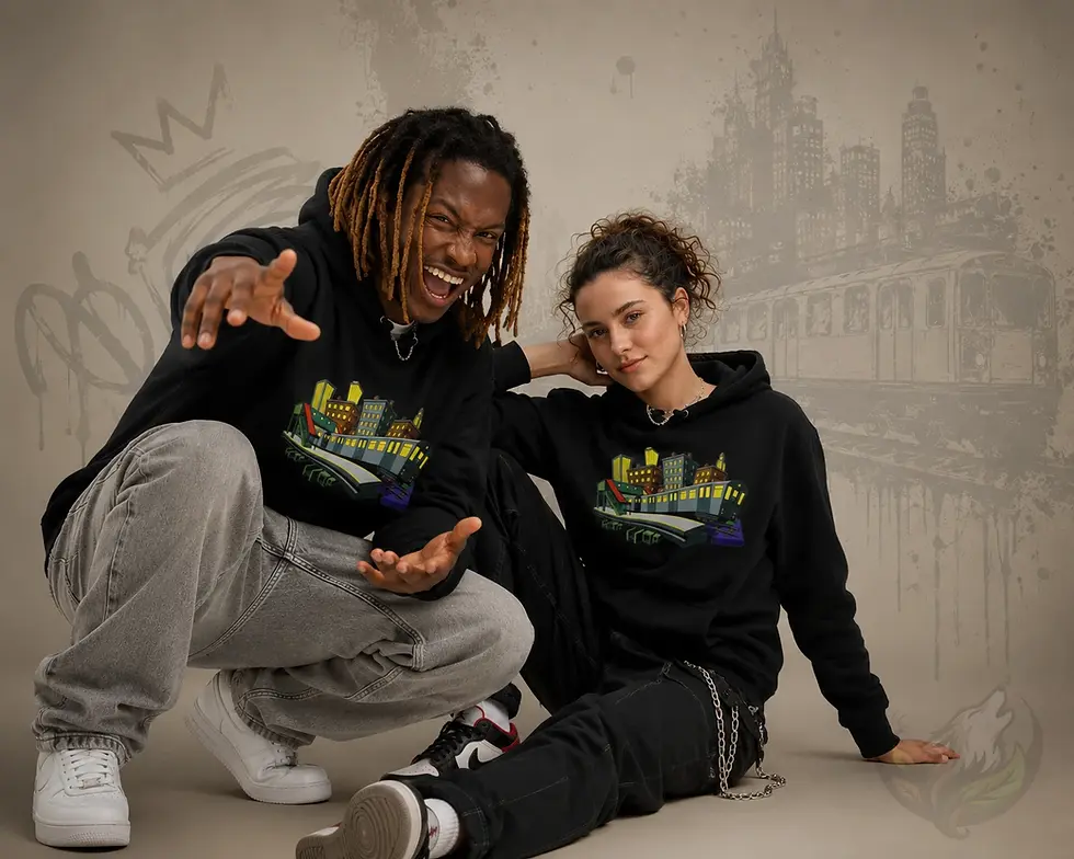 Couple wearing black unisex DefP NY Subway hoodies in a studio with an urban graffiti-inspired background.