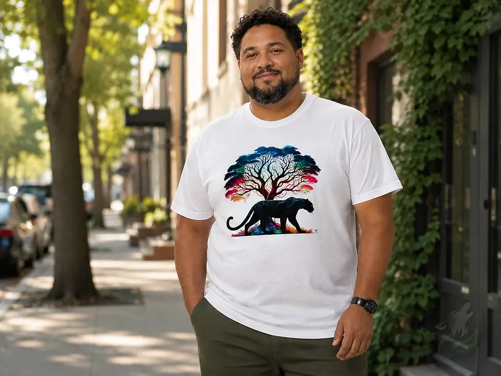 Thumbnail: Man wearing white extended sizes wildlife shirt with colorful panther and tree design