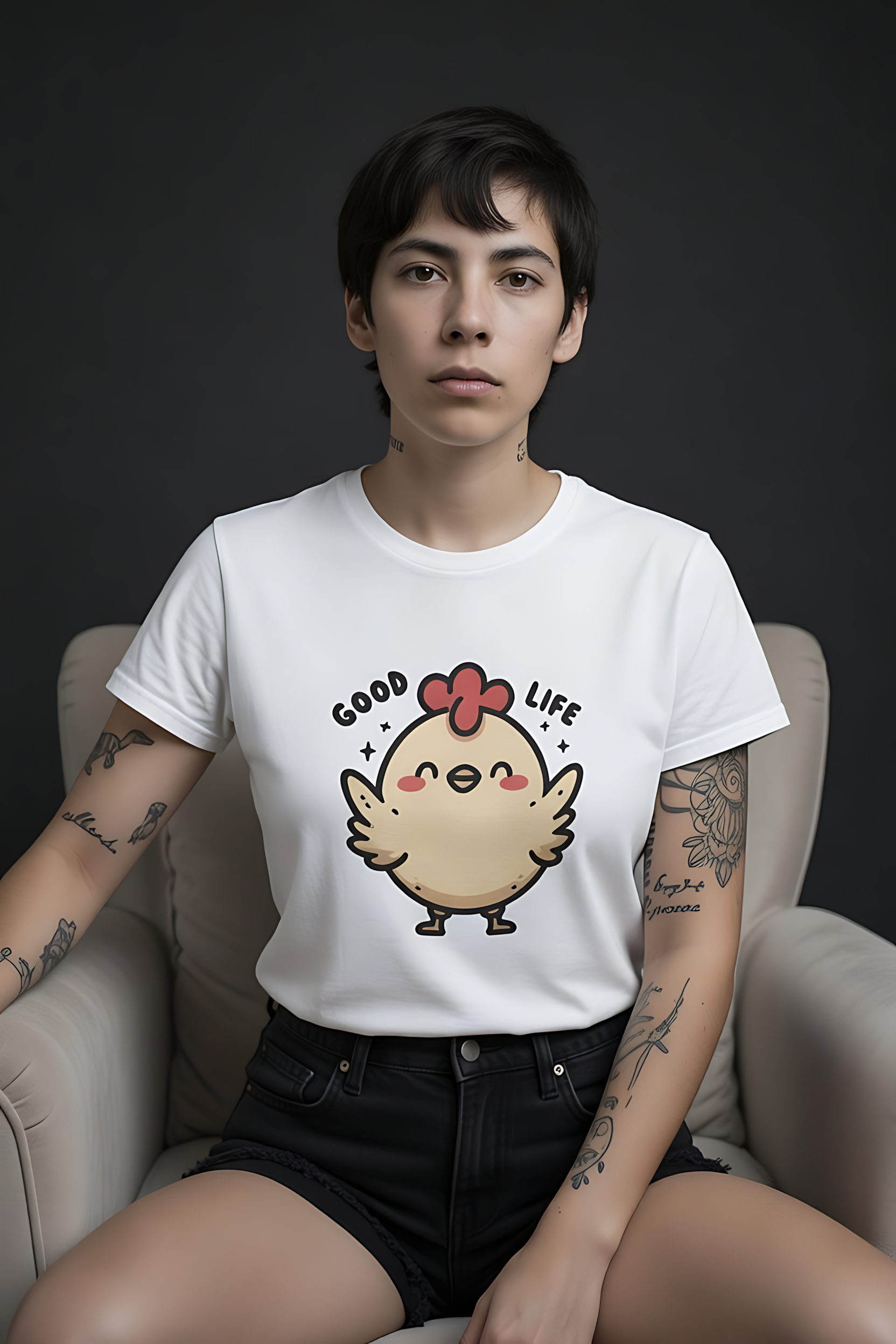 Woman wearing a white good life shirt with a cartoon chicken and “Good Life” text, sitting in a chair