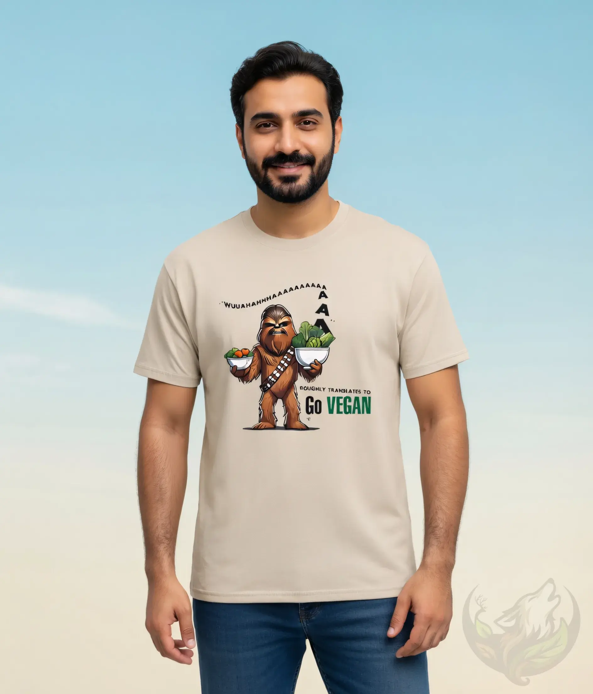 Natural unisex t-shirt worn by smiling bearded man, Chewbacca holding salad bowls "WUUAAHHHAAAAAAA... Go Vegan" design.