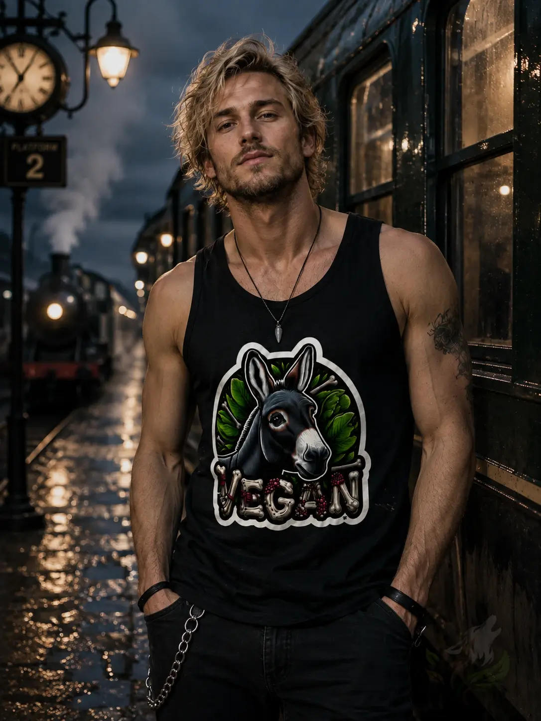A person standing on a night train platform wearing a black men’s Donkey vegan tank top featuring a stylized donkey illustrat