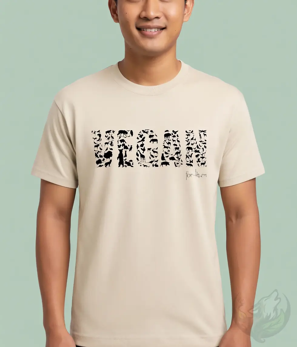 Thumbnail: Natural unisex t-shirt worn by smiling man, "VEGAN" animal silhouette design "for them".