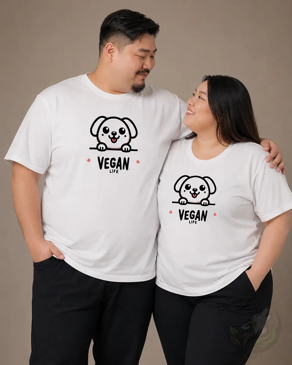 Studio photo of a man and woman standing close together against a neutral backdrop wearing matching white extended sizes Vega