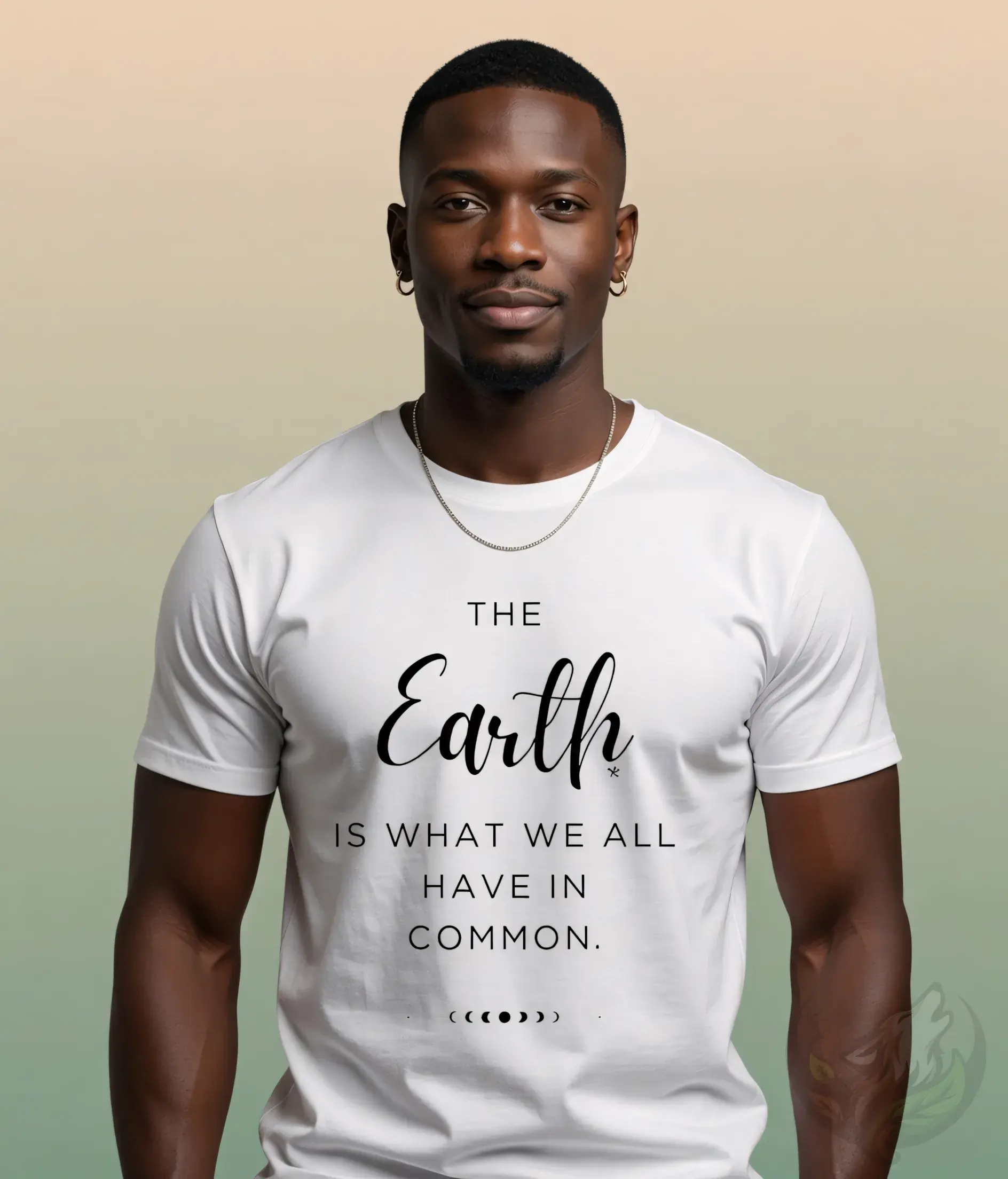 Earth in Common white v neck t shirt studio portrait with minimalist background