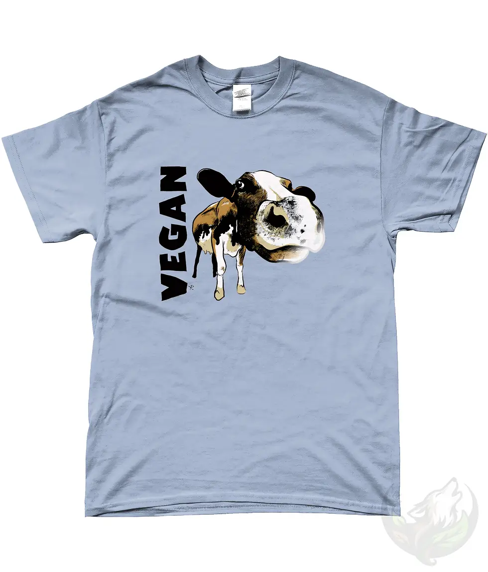 Thumbnail: Light blue unisex t-shirt flat lay with bold "VEGAN" cow illustration.