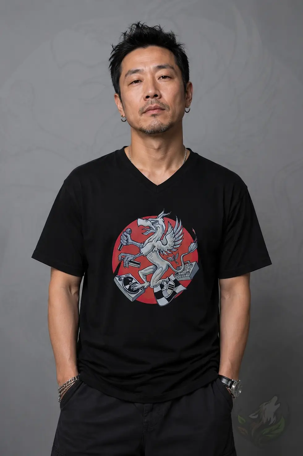 Thumbnail: Male model wearing black V-neck Griffin shirt, studio portrait showing red fantasy music design
