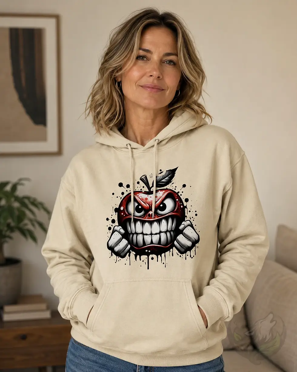 Woman wearing a vanilla butter unisex hoodie featuring an angry graffiti apple outside a coffee shop.