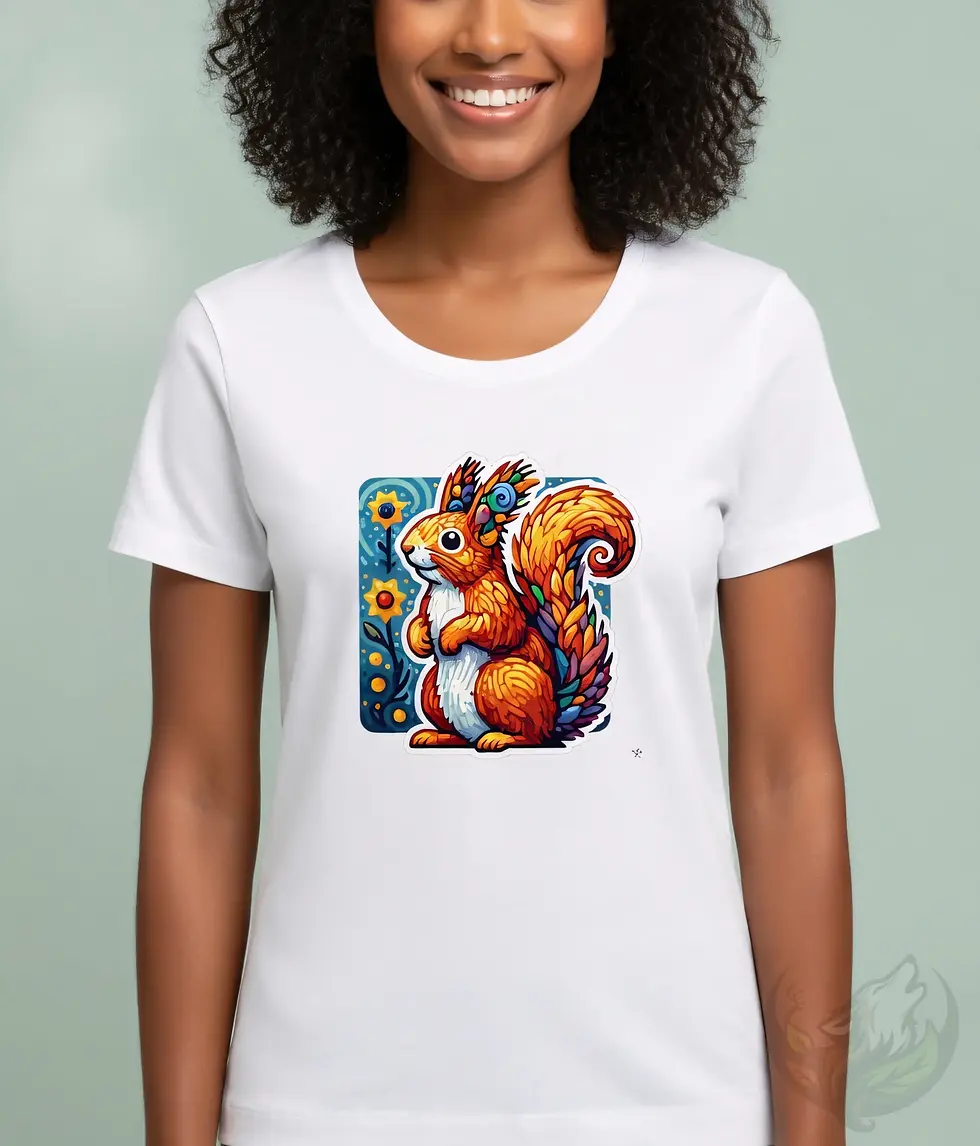 Thumbnail: Smiling woman in white scoop neck tee, cute squirrel print with bushy tail and floral accents on chest