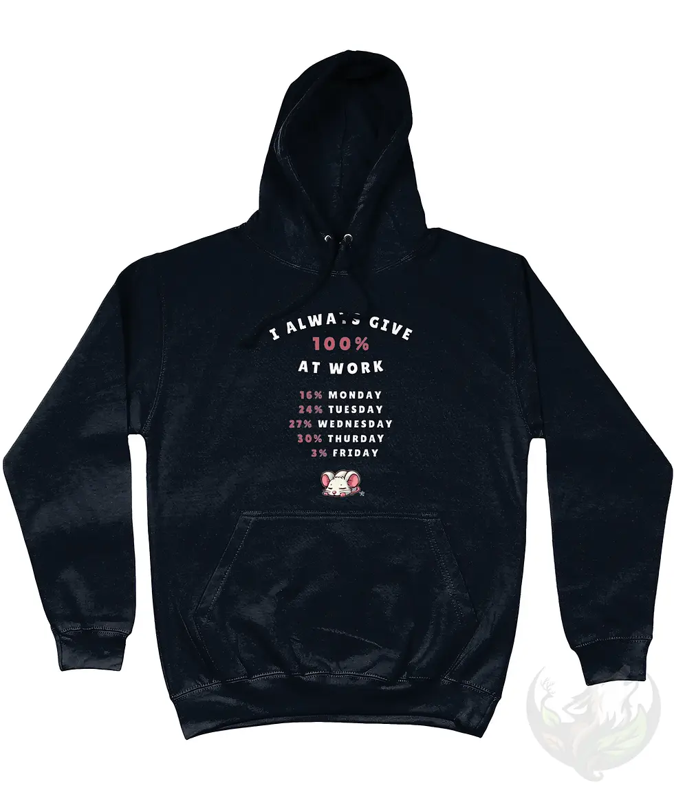 Black unisex hoodie with I Always Give 100 Percent At Work funny mouse design