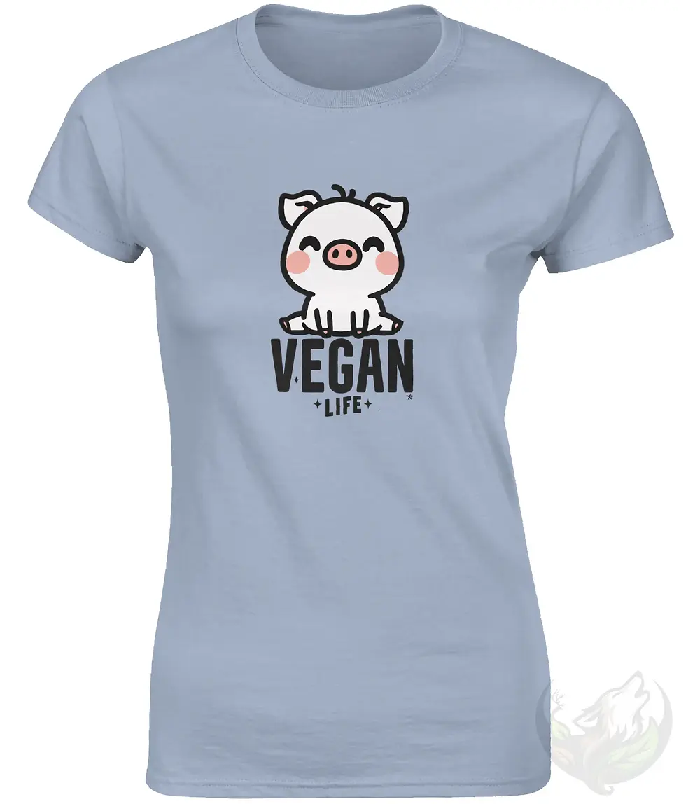 Thumbnail: Fitted light blue women’s t‑shirt featuring the “Vegan Life Pig” design with a cartoon pig.