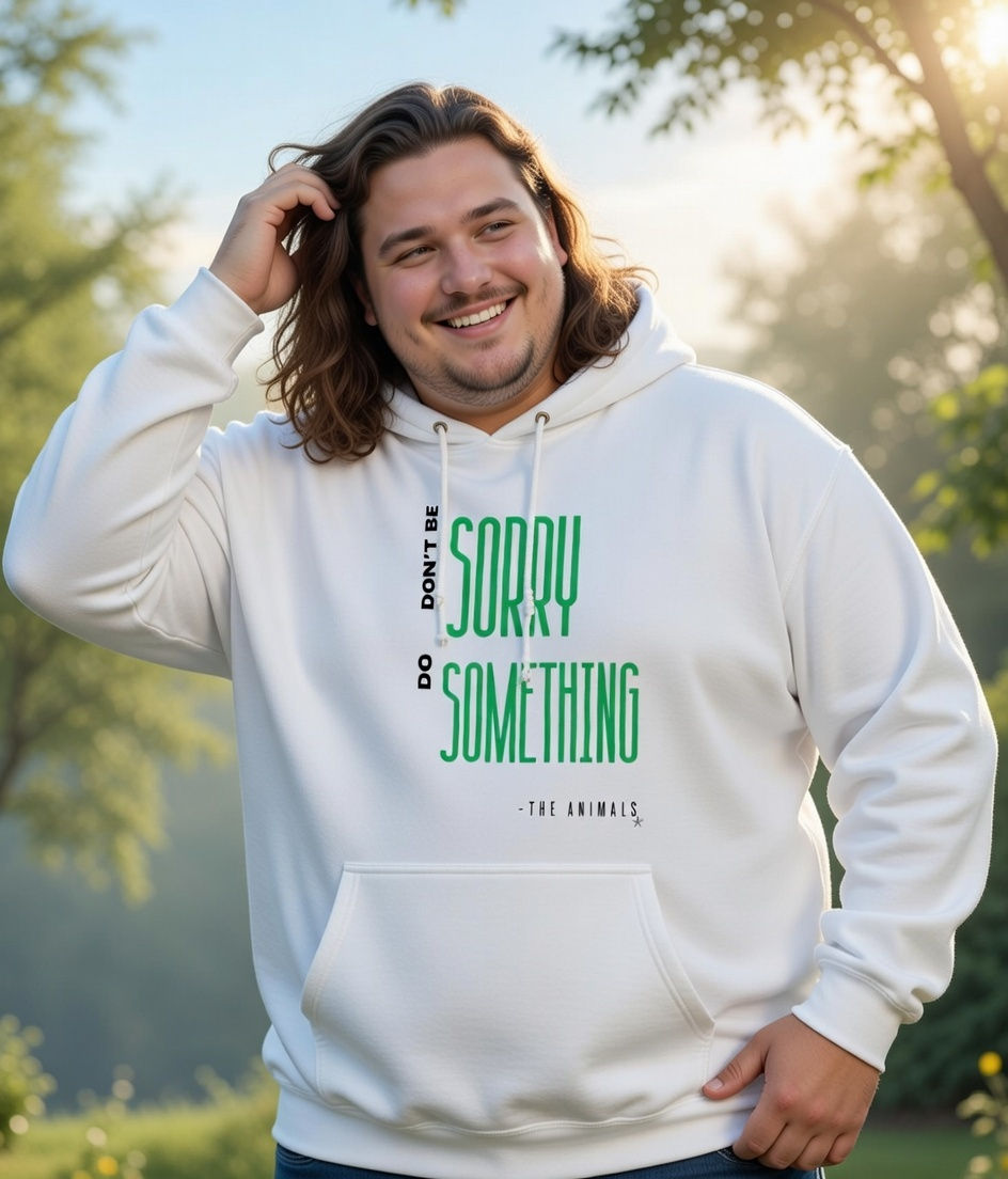 plus size vegan quotes do something lifestyle – white hoodie with bold animal rights message worn outdoors in warm sunlight a