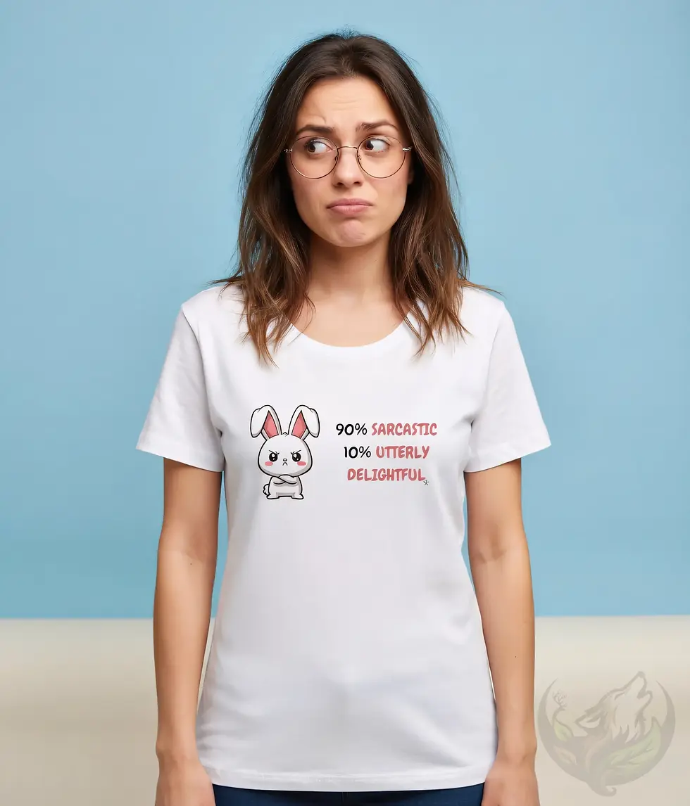 Thumbnail: Woman wearing white scoop neck t-shirt with sarcastic bunny graphic and "90% sarcastic 10% utterly delightful" text.