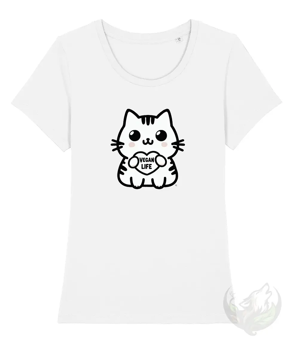 Thumbnail: White wide‑neck women’s shirt with the “Vegan Life Cat” design and cartoon cat illustration.