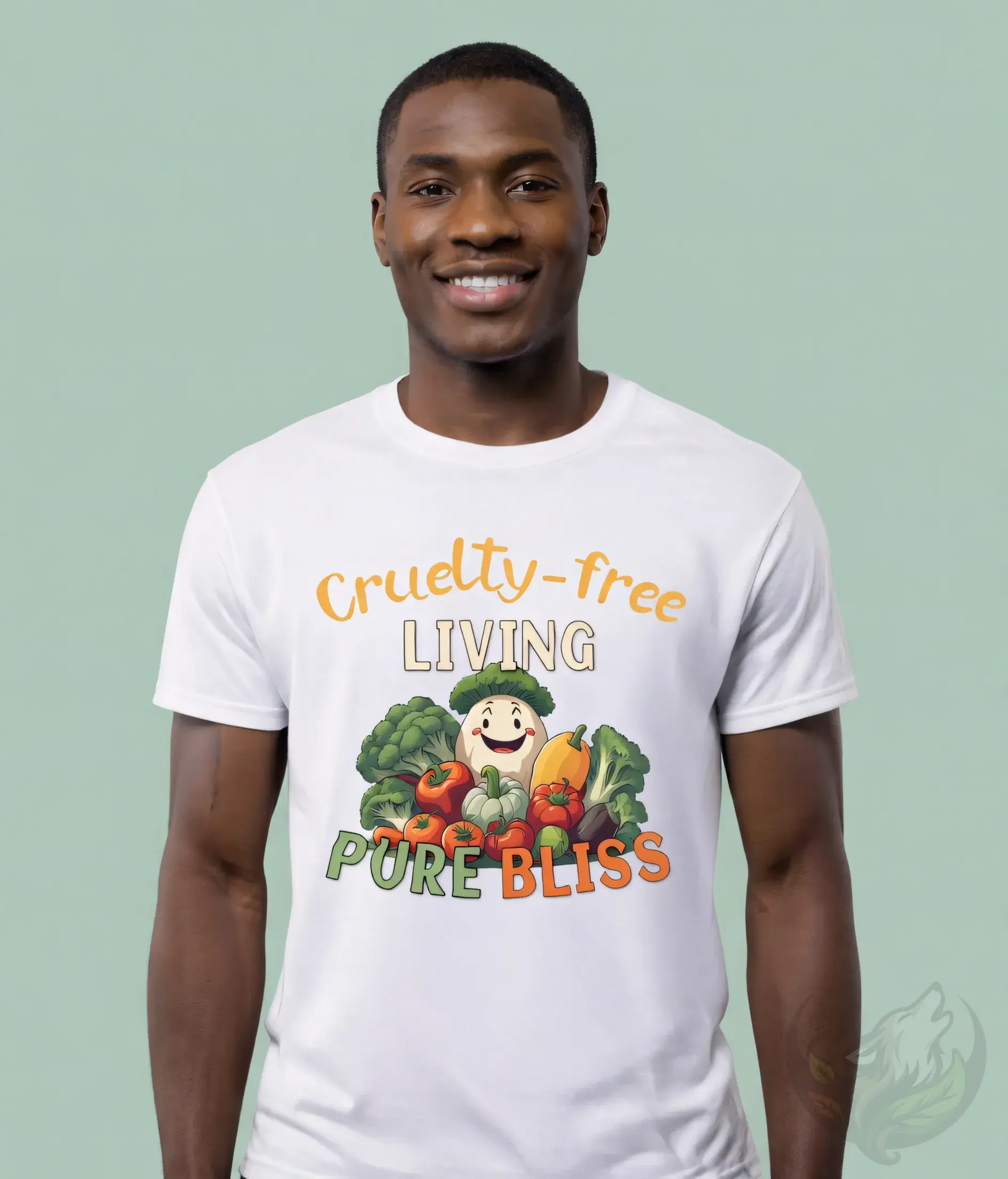 White unisex t-shirt worn by smiling man with short hair, "Cruelty-free Living Pure Bliss" cute veggie graphic.