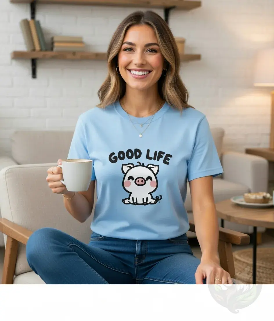 Thumbnail: Person indoors wearing light blue tee with pig and “GOOD LIFE”.