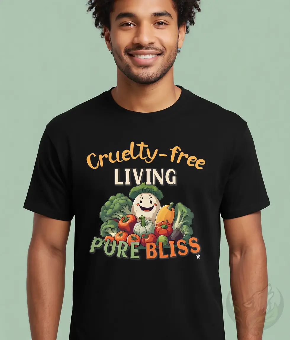 Thumbnail: Black unisex t-shirt worn by smiling man with curly hair, "Cruelty-free Living Pure Bliss" colorful vegetables vegan design.