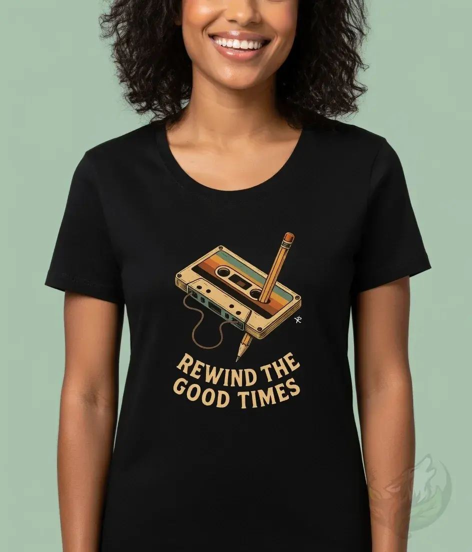 Thumbnail: Black scoop‑neck tee with the “Rewind the Good Times” design shown in a studio setting.