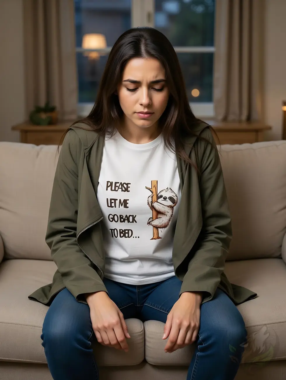 Thumbnail: Woman with long dark hair sitting on a sofa looking tired and sleepy while wearing a white fitted t-shirt with sloth "Please