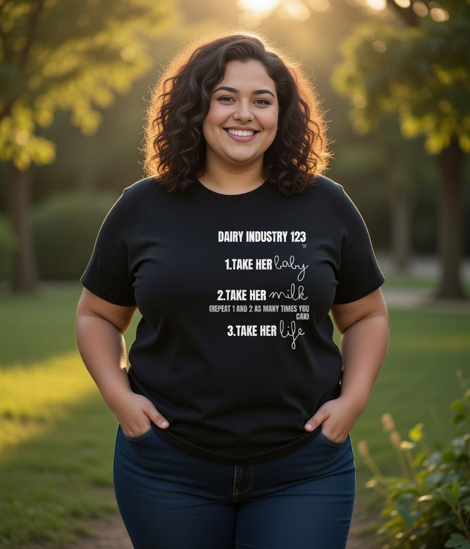 plus size vegan quotes dairy 1 2 3 lifestyle – black shirt with bold dairy industry message worn outdoors in warm golden hour