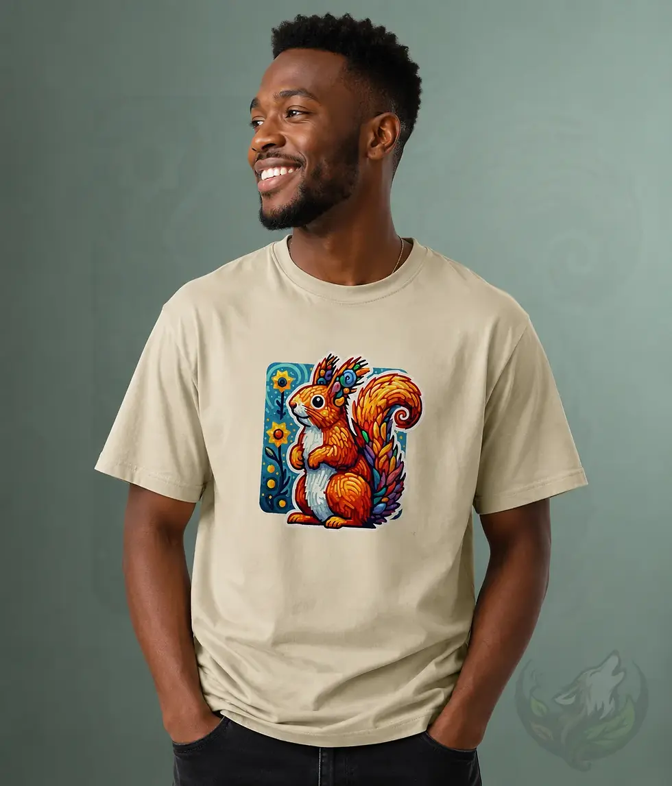 Miniaturbild: Male model wearing natural unisex shirt with colorful pixel squirrel design in clean studio portrait