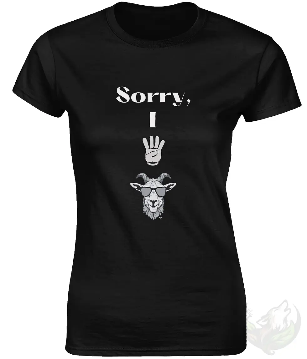 Thumbnail: Black fitted t-shirt with funny "Sorry, I 4 goat" text, hand, and cool goat graphic design.