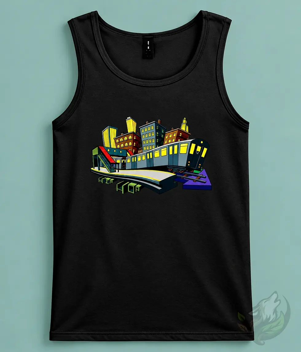 Black DefP Subway tank top featuring colourful subway train, station and city skyline graphic