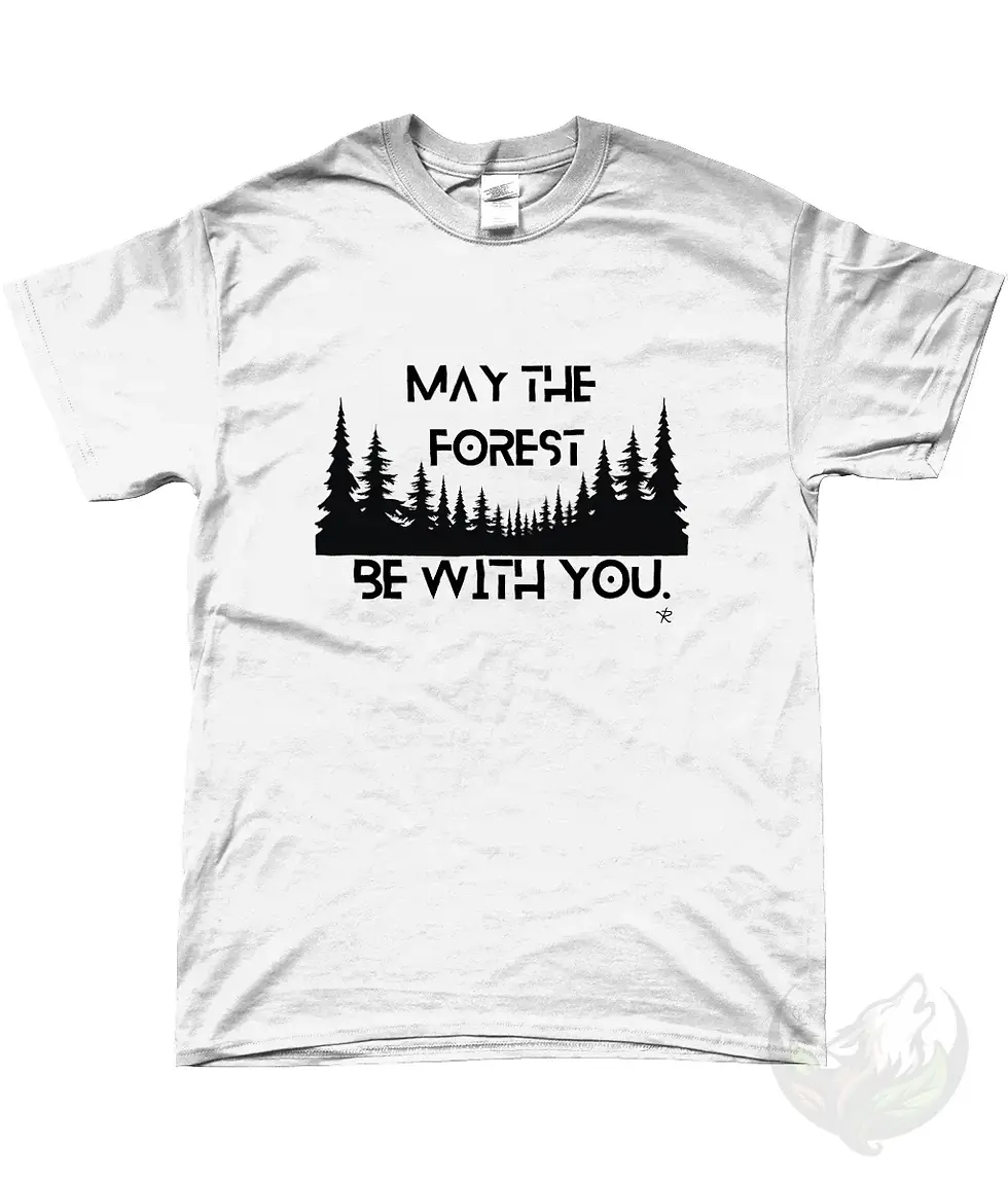 Thumbnail: May The Forest Be With You white unisex t shirt flat lay mockup with forest trees graphic outdoor adventure quote