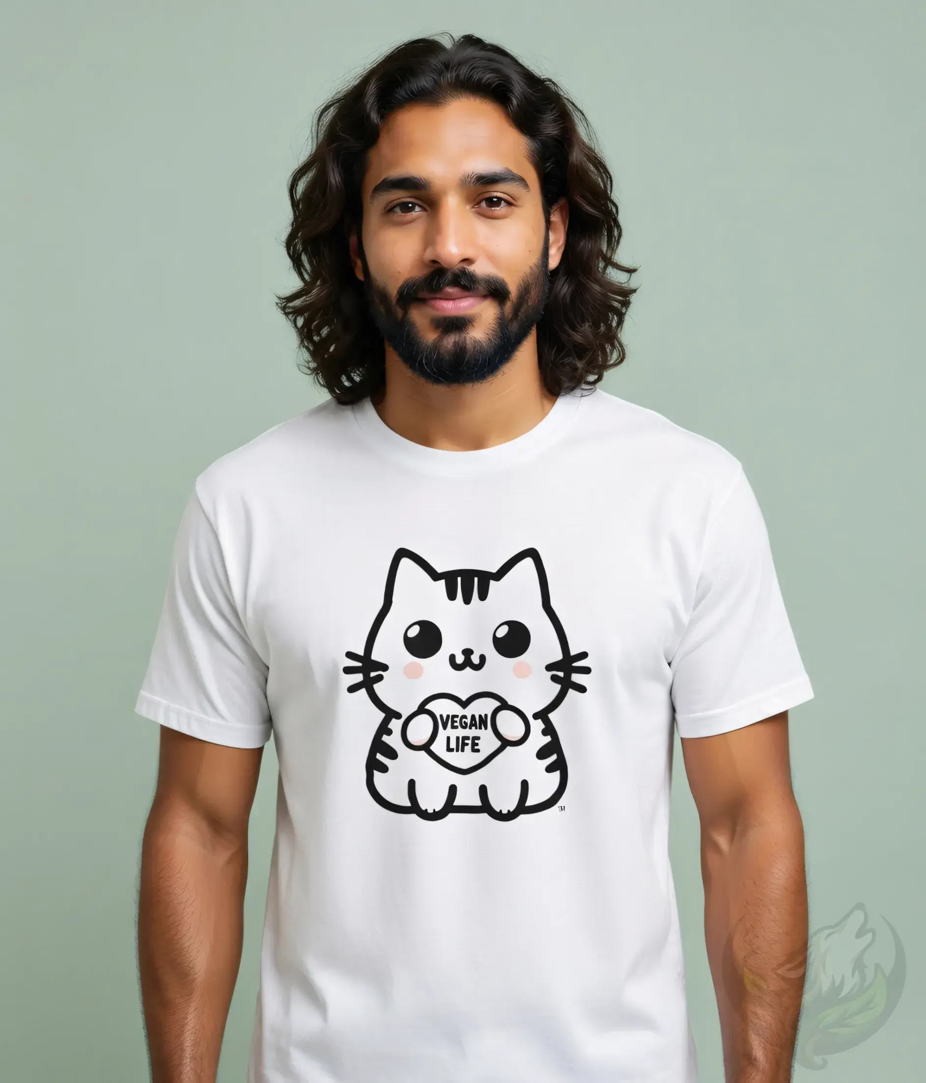 White unisex t-shirt on smiling man, playful cartoon cat design with "VEGAN LIFE" heart.